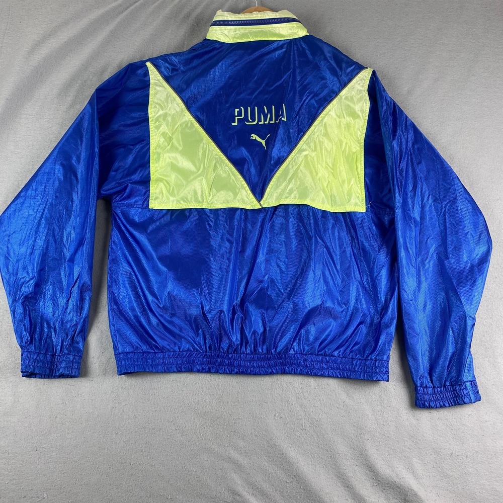 vtg Puma Jacket Men windbreaker L Blue green Colorblock Hooded Nylon Track 80s